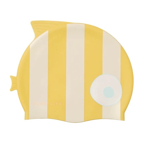 [9339296069660] Kids Swimming Cap Finn The Fish Mustard Stripe Sunnylife