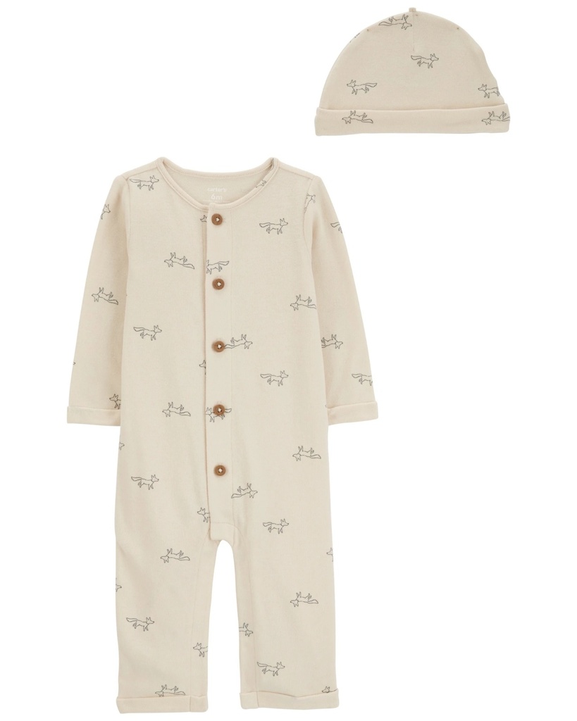 Monito Y Gorro Estampado Algodón Beige Zorro 6M Carters
