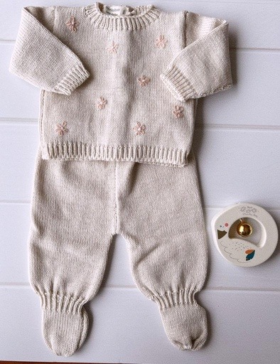 [PK56] Set batita y pelele tejido Beige Margaritas rosa 6-9 Peekabo